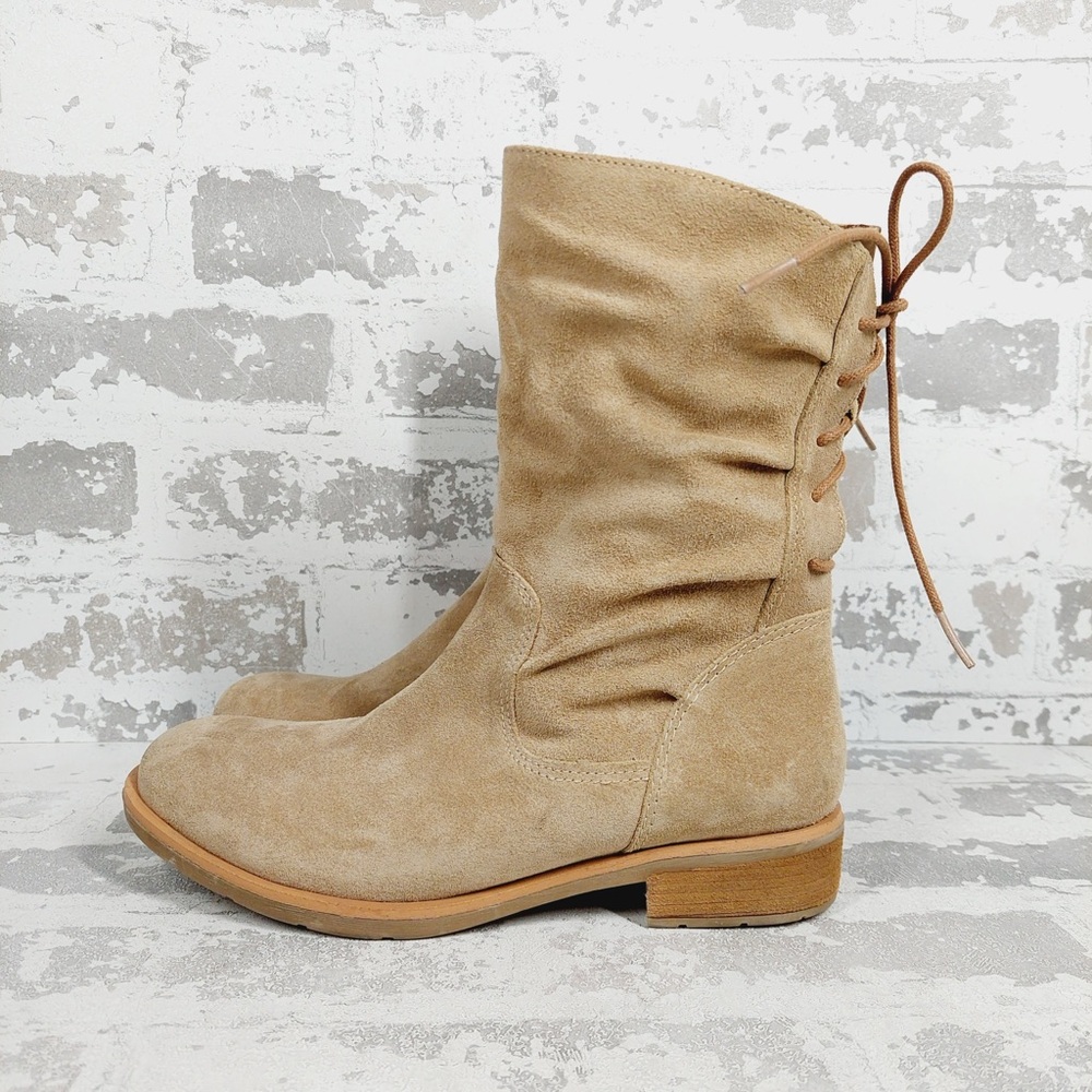 NEW Sofft Sharnell Tan Back Lace Up Slouch Mid-Calf Block Heel Boots i796